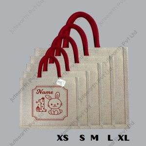 1st birthday rabbit Art Birthday Jute cotton Heavy weave Custom Printed Juco Bag for Return Gift with Red Print (2)