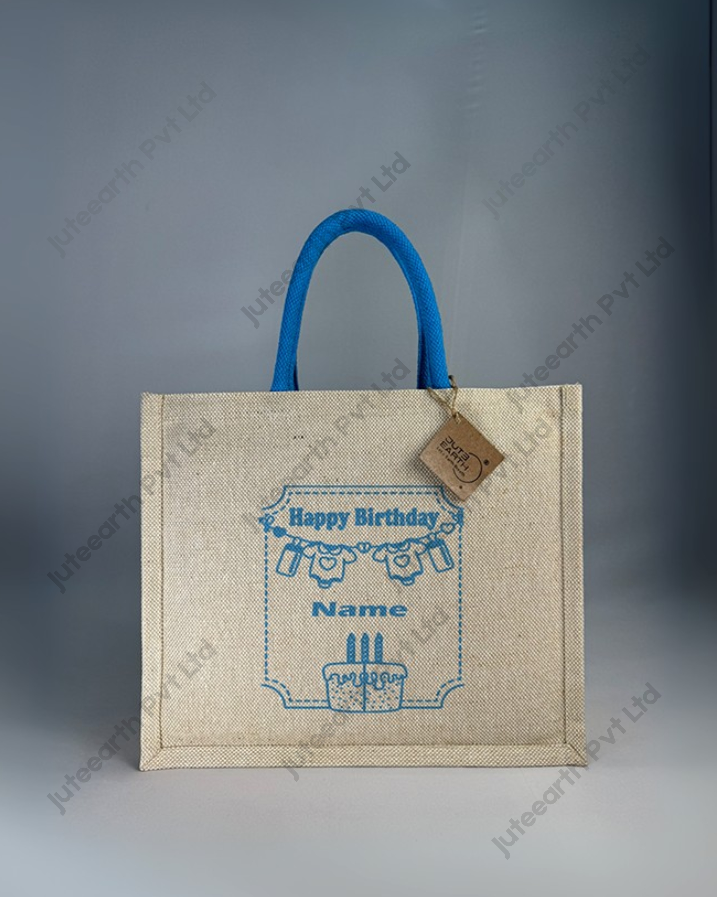 Baby Art Birthday Jute cotton Heavy weave Custom Printed Juco Bag for Return Gift with Aqua Blue Print
