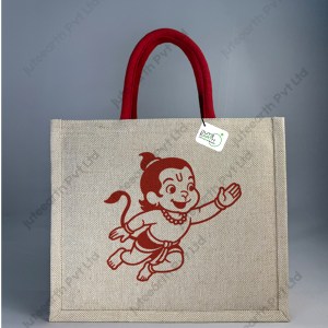 Jute Cotton (JuCo) Bag for Birthday Return Gift in Baby Hanuman Flying Theme - with Handle Color Options-Landsape Bag