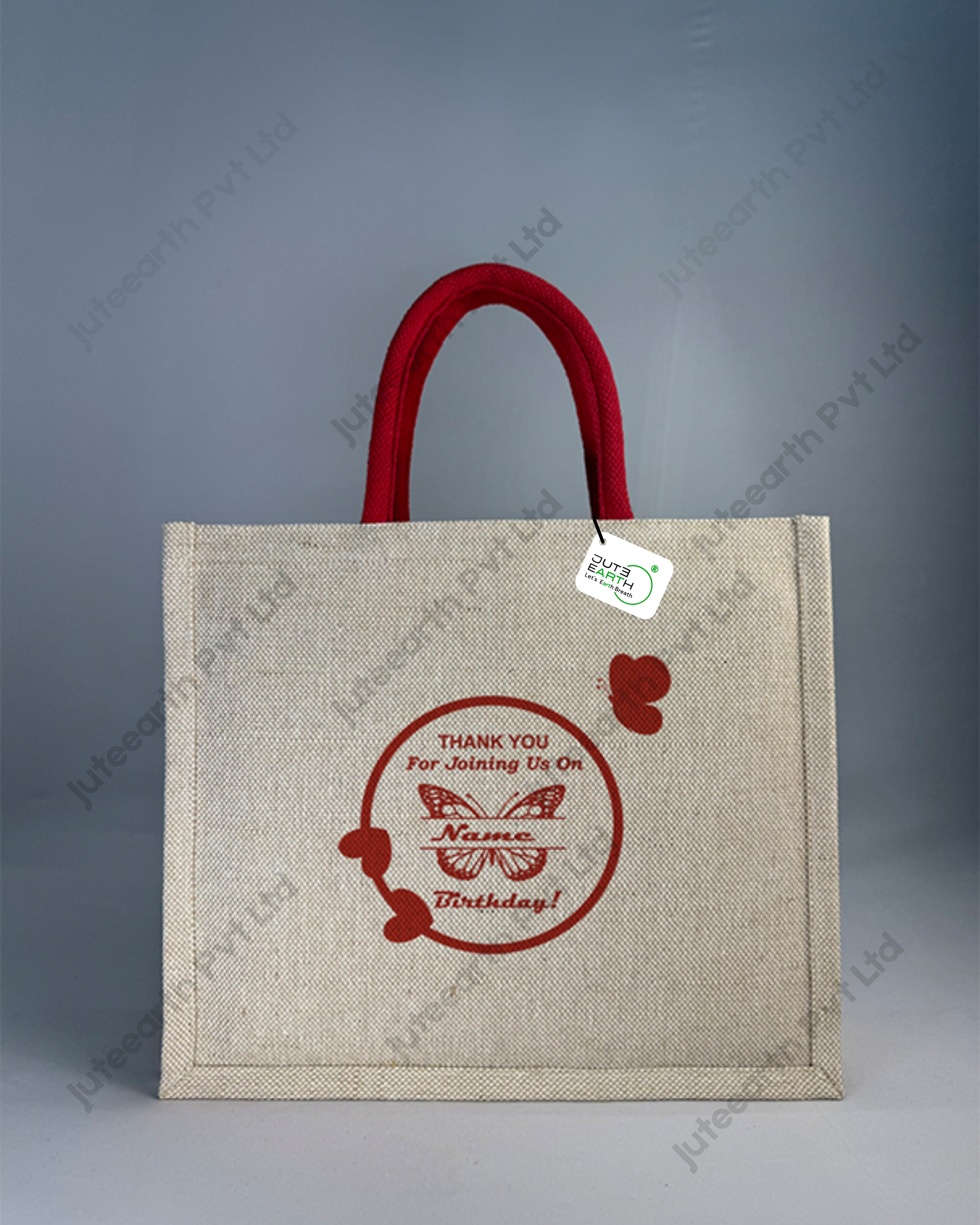 Butterfly Art Birthday Jute cotton Heavy weave Custom Printed Juco Bag for Return Gift with Red Print