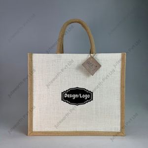 Custom printed half-white ivory jute bag with jute-colour rope handles, landscape shape, front view with sample logo