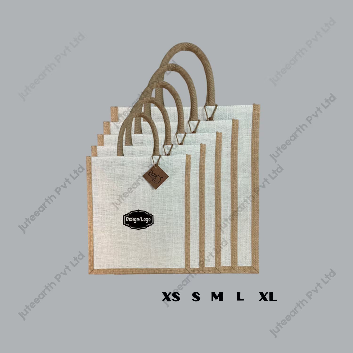Custom printed half-white jute bag with jute-colour rope handles, narrow shape, sizes XS to XL stacked to show scale