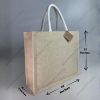 Custom printed heavy-weave JuCo (jute cotton) bag with white rope handles, landscape shape, angled view with dimensions 12 x 14 x 5 inches