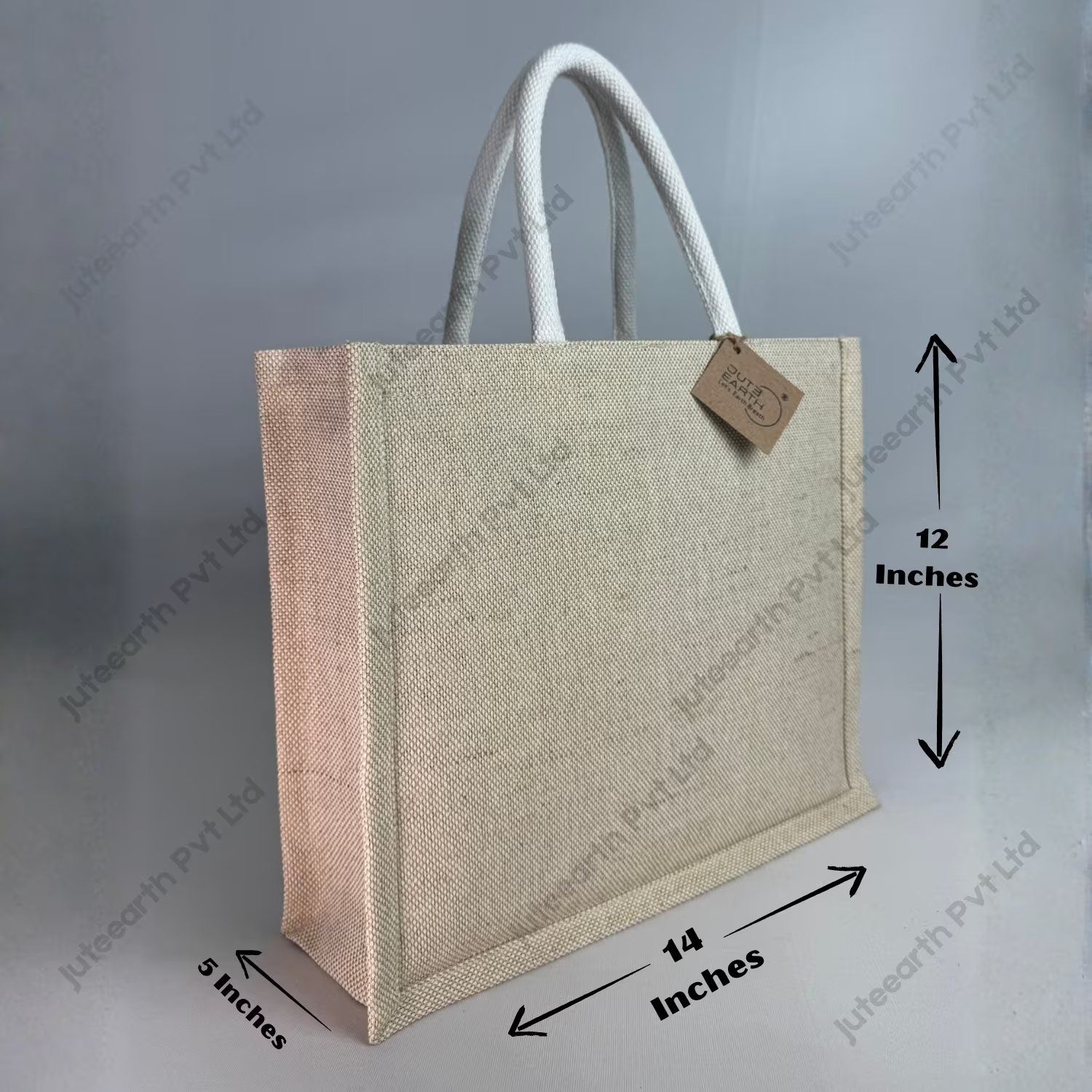 Custom printed heavy-weave JuCo (jute cotton) bag with white rope handles, landscape shape, angled view with dimensions 12 x 14 x 5 inches