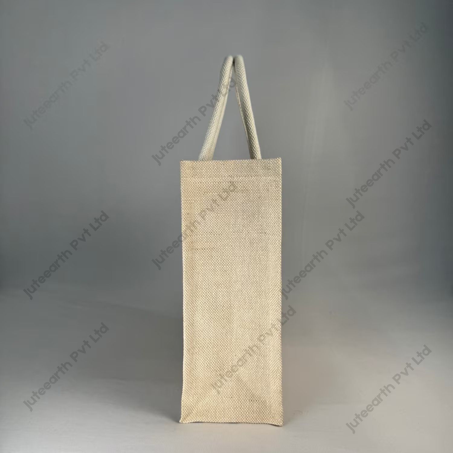 Custom printed heavy-weave JuCo (jute cotton) bag with white rope handles, landscape shape, side view showing the gusset