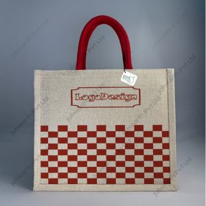 Custom printed JuCo (jute cotton) bag with red checkboard print and red rope handles, front view with sample logo