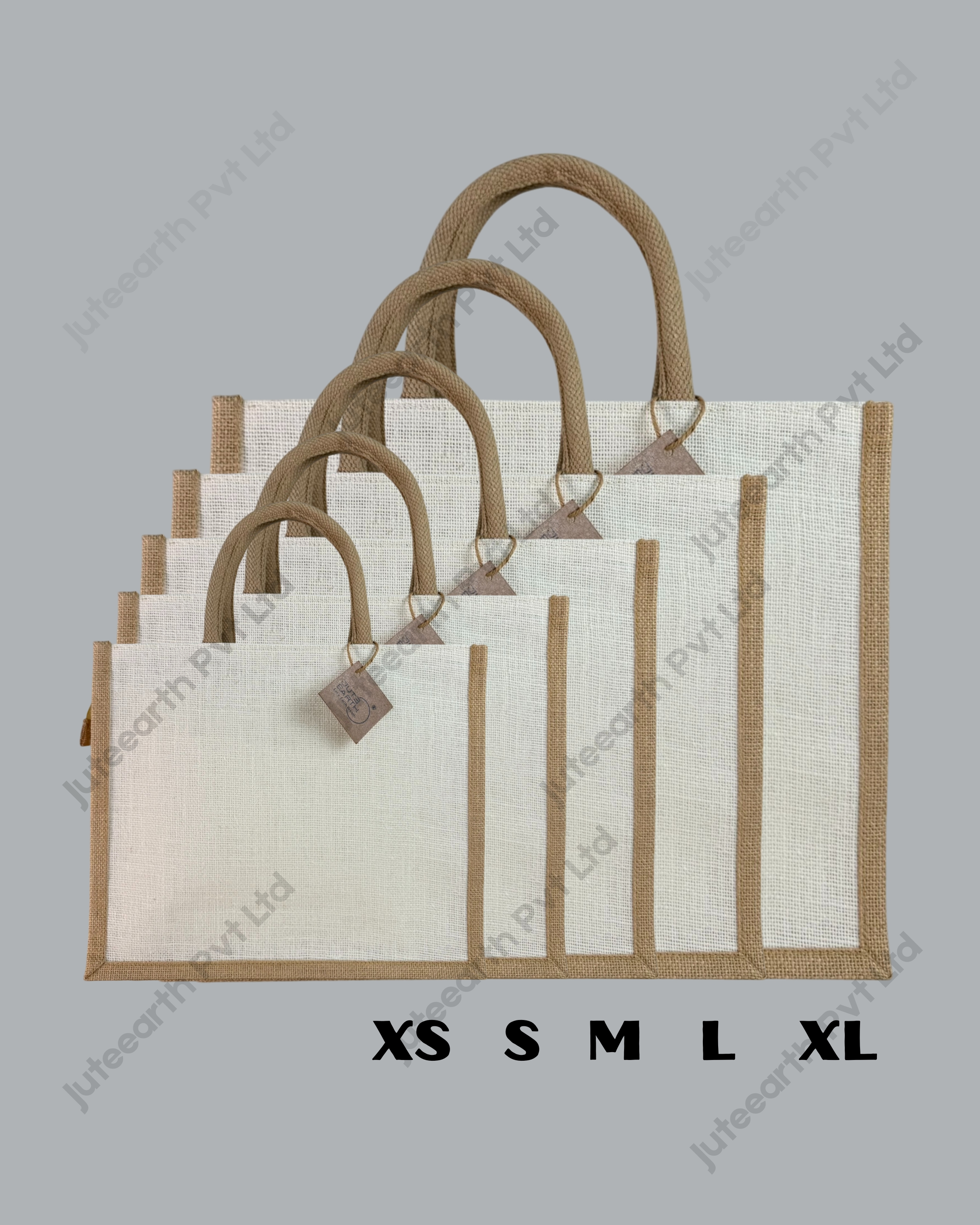 Plain half-white jute bag with jute-colour rope handles, landscape shape, sizes XS to XL stacked to show scale