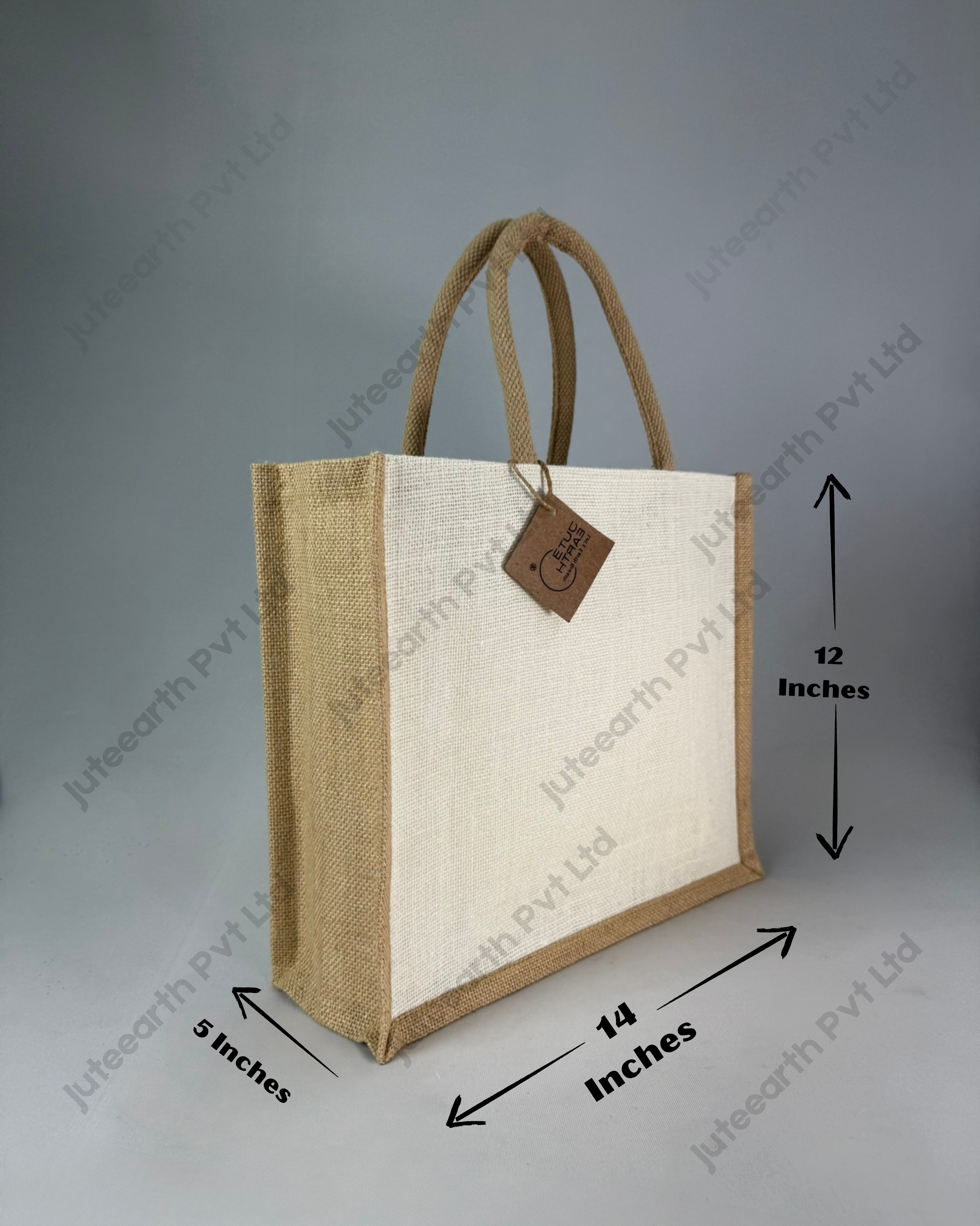 Plain half-white jute bag with jute-colour rope handles, landscape shape, angled view with dimensions 12 x 14 x 5 inches