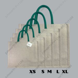 Plain heavy-weave JuCo (jute cotton) bag with bottle green rope handles, landscape shape, sizes XS to XL stacked to show scale