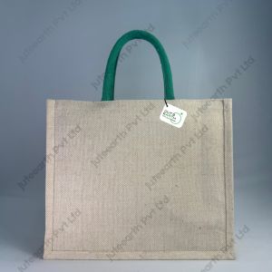 Plain heavy-weave JuCo (jute cotton) bag with bottle green rope handles, landscape shape, front view