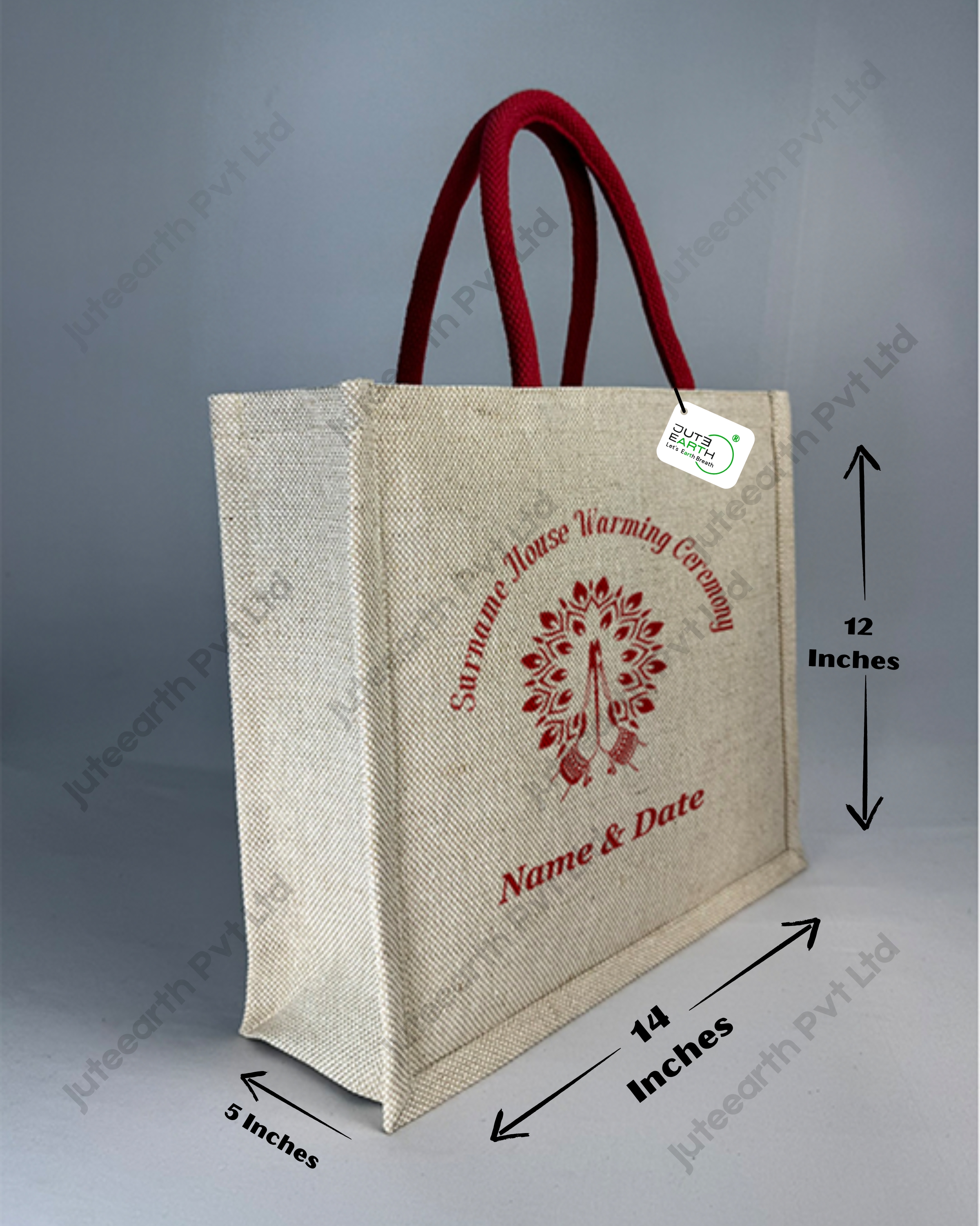 Namaste Art House warming ceremony jute cotton Heavy weave Custom Printed Juco Bag for Return Gift with Red print (3)