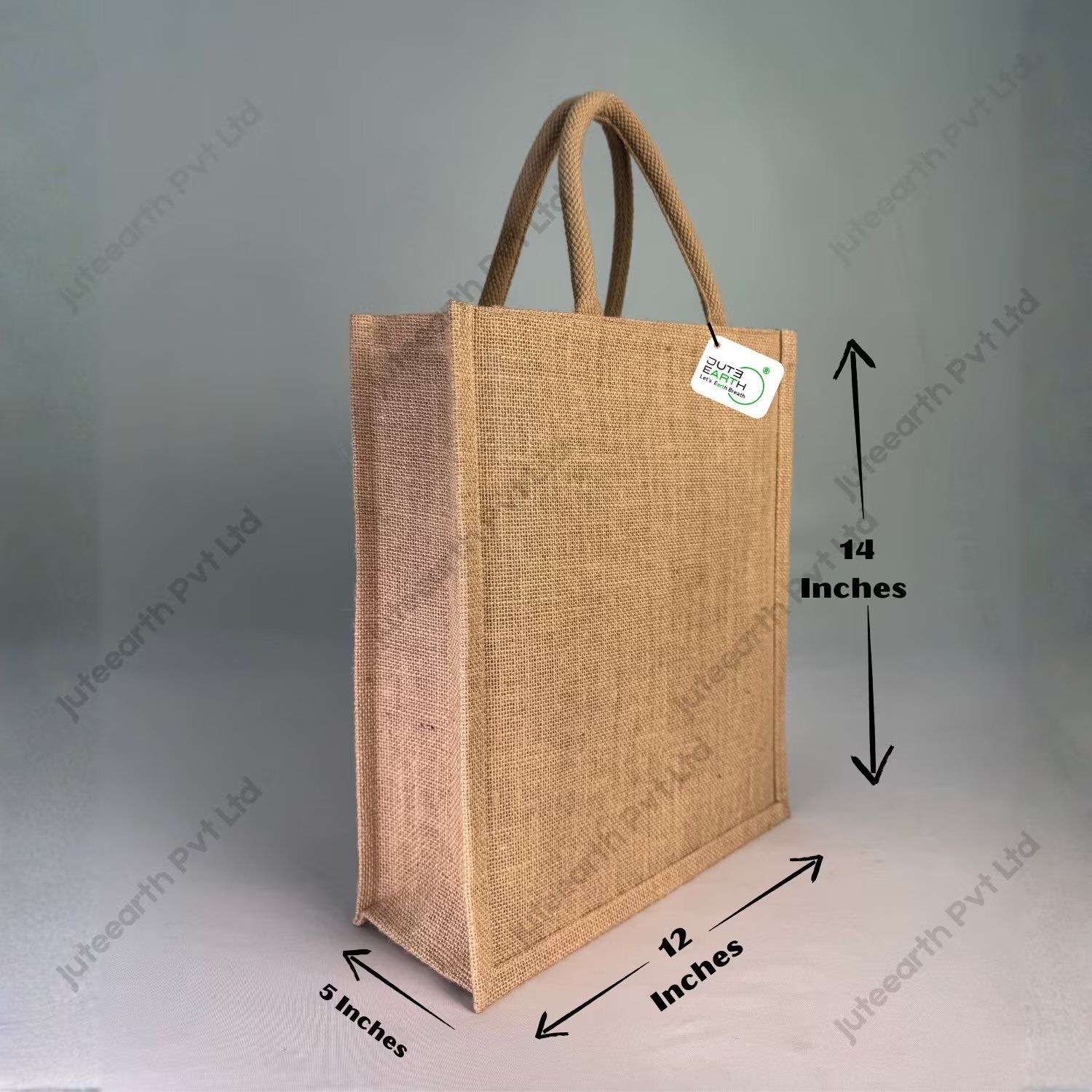 Custom printed natural jute bag with jute-colour rope handles, narrow shape, angled view with dimensions 14 x 12 x 5 inches