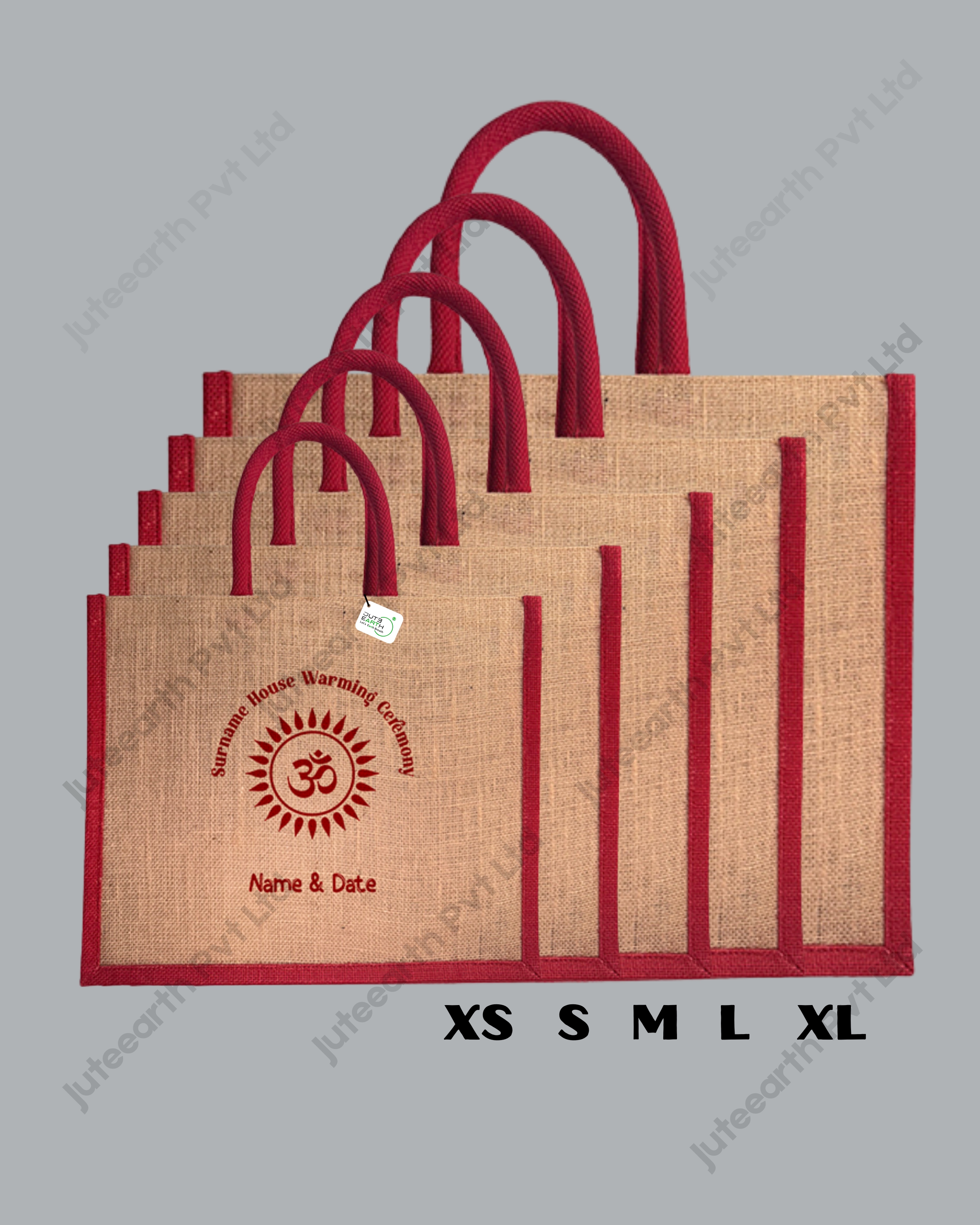 OM Art House warming ceremony Natural Custom Printed Jute Bag for Return Gift with Red print (2)