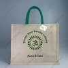 OM Art Huse warming ceremony jute cotton Heavy weave Custom Printed Juco Bag for Return Gift with Bottle Green print