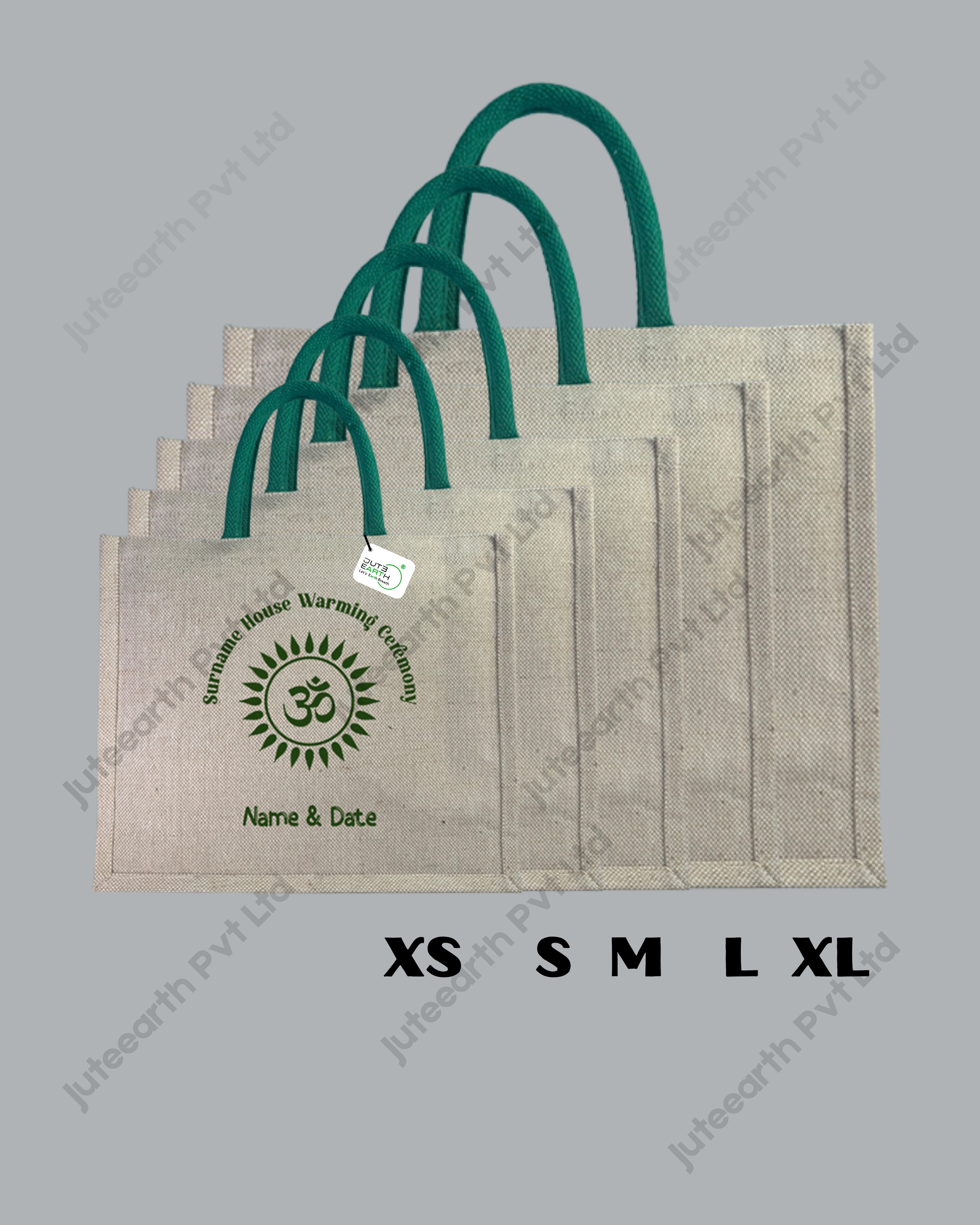 OM Art Huse warming ceremony jute cotton Heavy weave Custom Printed Juco Bag for Return Gift with Bottle Green print (2)