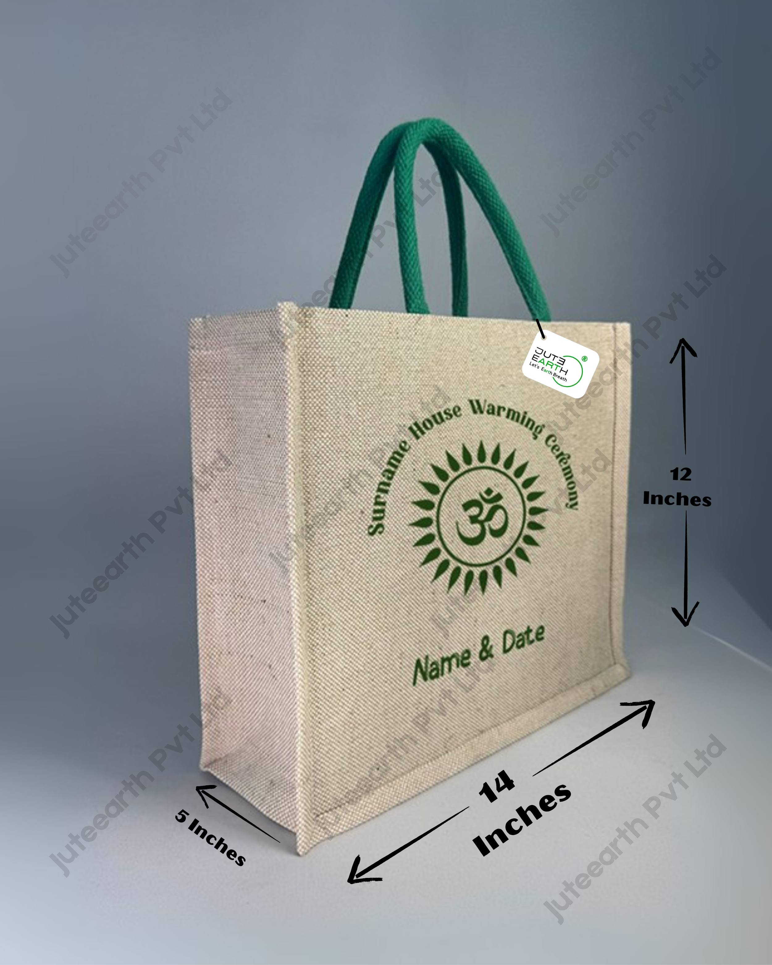 OM Art Huse warming ceremony jute cotton Heavy weave Custom Printed Juco Bag for Return Gift with Bottle Green print (3)