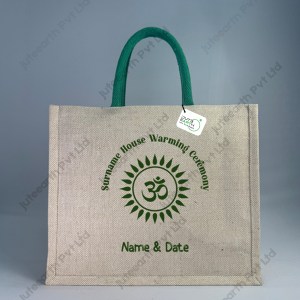 Jute Cotton (JuCo) Bag for  Housewarming Return Gift in OM Theme - with Handle Color Options-Landsape Bag