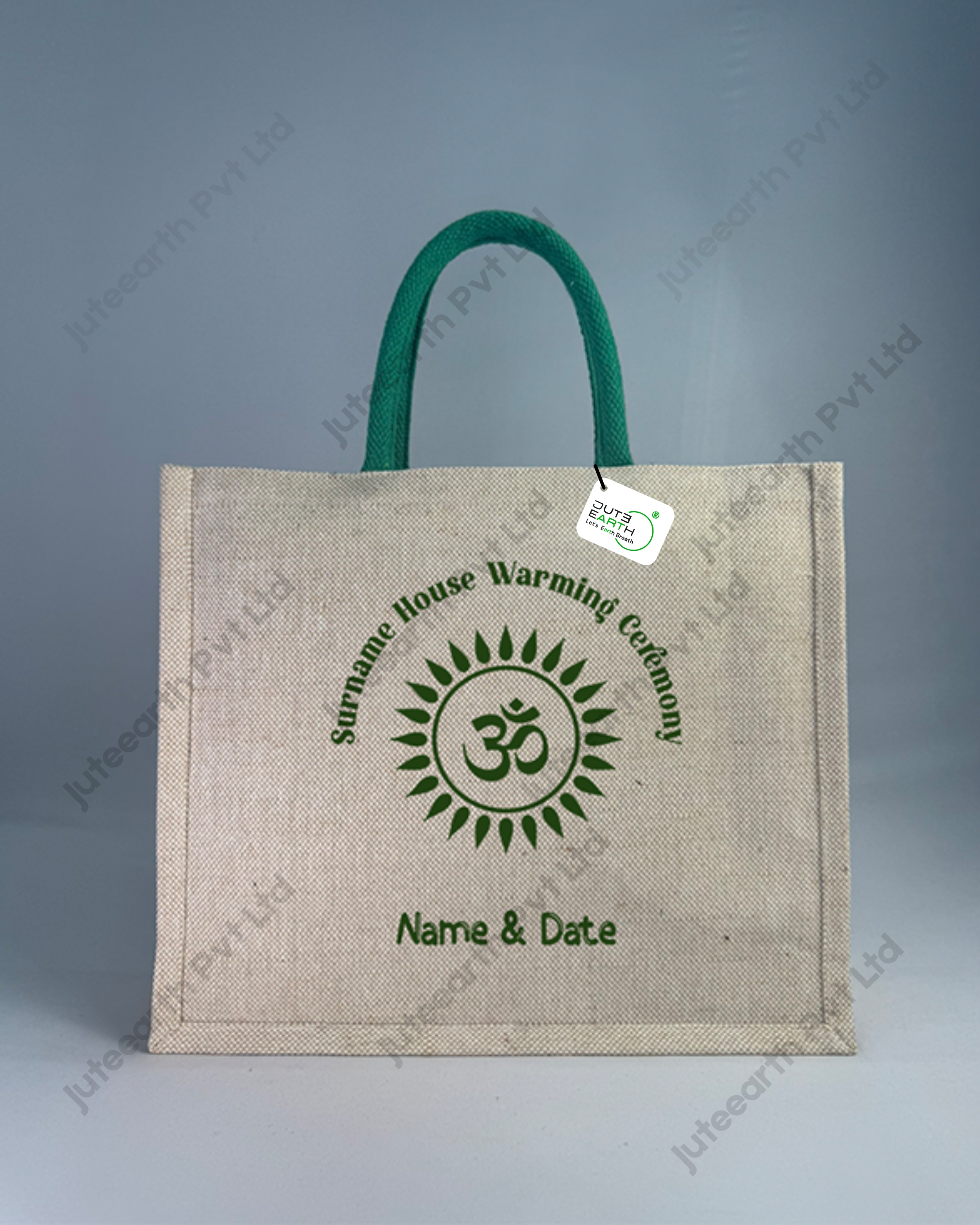 OM Art Huse warming ceremony jute cotton Heavy weave Custom Printed Juco Bag for Return Gift with Bottle Green print