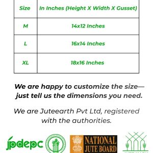 Size Chart (750×600 px) (1) Juteearth size chart for flat tote bags: M 14x12, L 16x14 and XL 18x16 inches