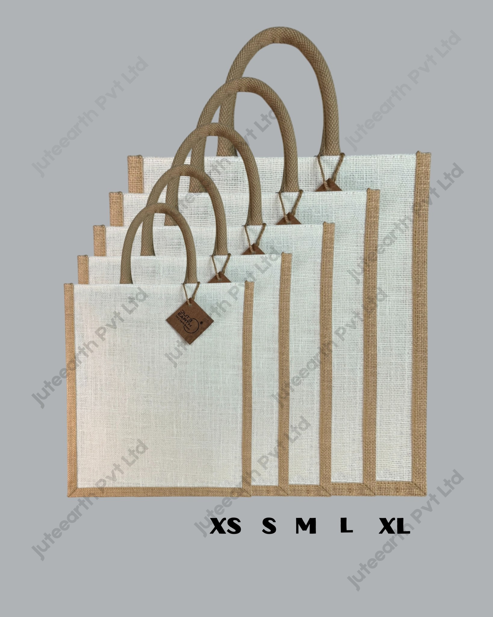 Plain half-white jute bag with jute-colour rope handles, narrow shape, sizes XS to XL stacked to show scale