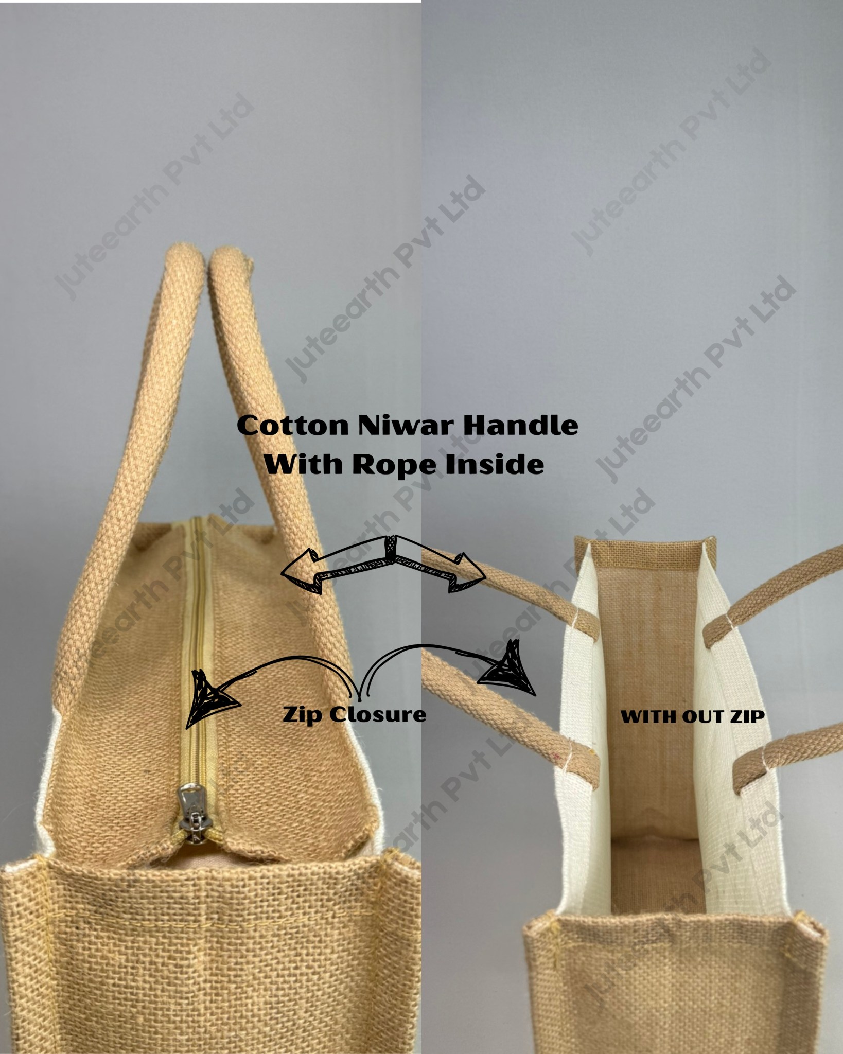 Plain half-white jute bag with jute-colour rope handles, narrow shape, inside view of the cotton niwar handle with rope core, zip and open-top options