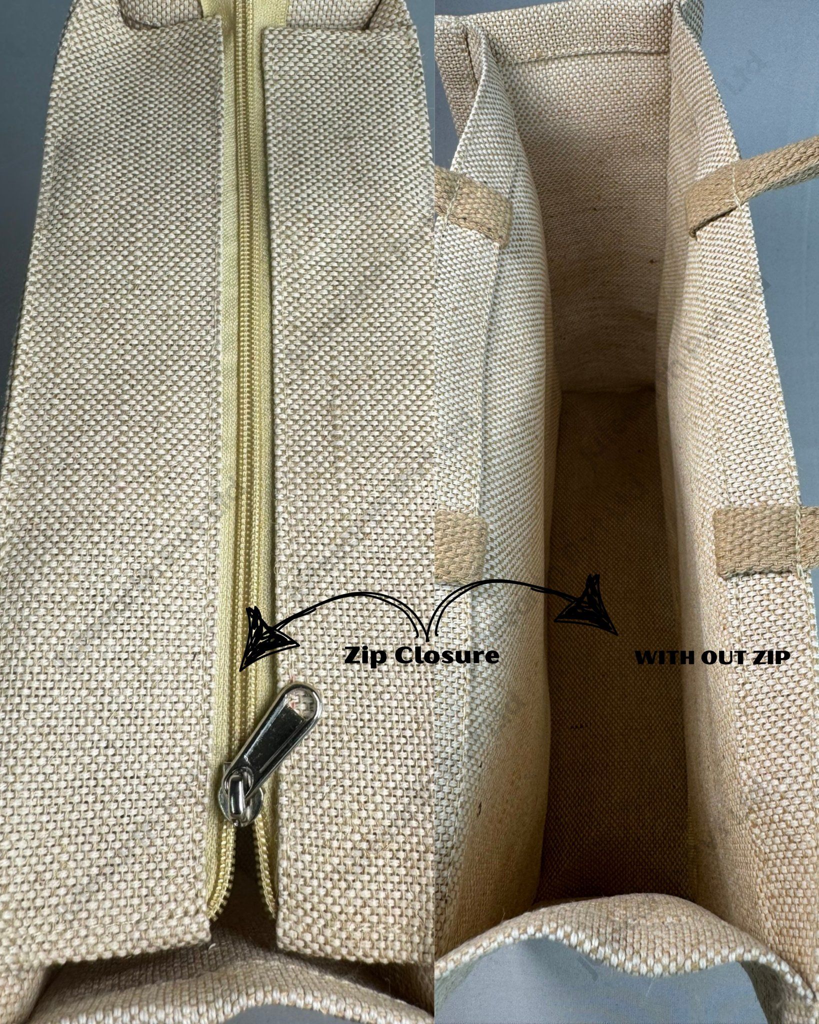 Custom printed JuCo (jute cotton) bag with red concentric quarter-circle print and red rope handles, inside view showing zip closure and open-top options