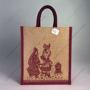 Natural Jute Bag for Marriage Return Gift in Kalamkari Theme  - with Color Options-Narrow Bag