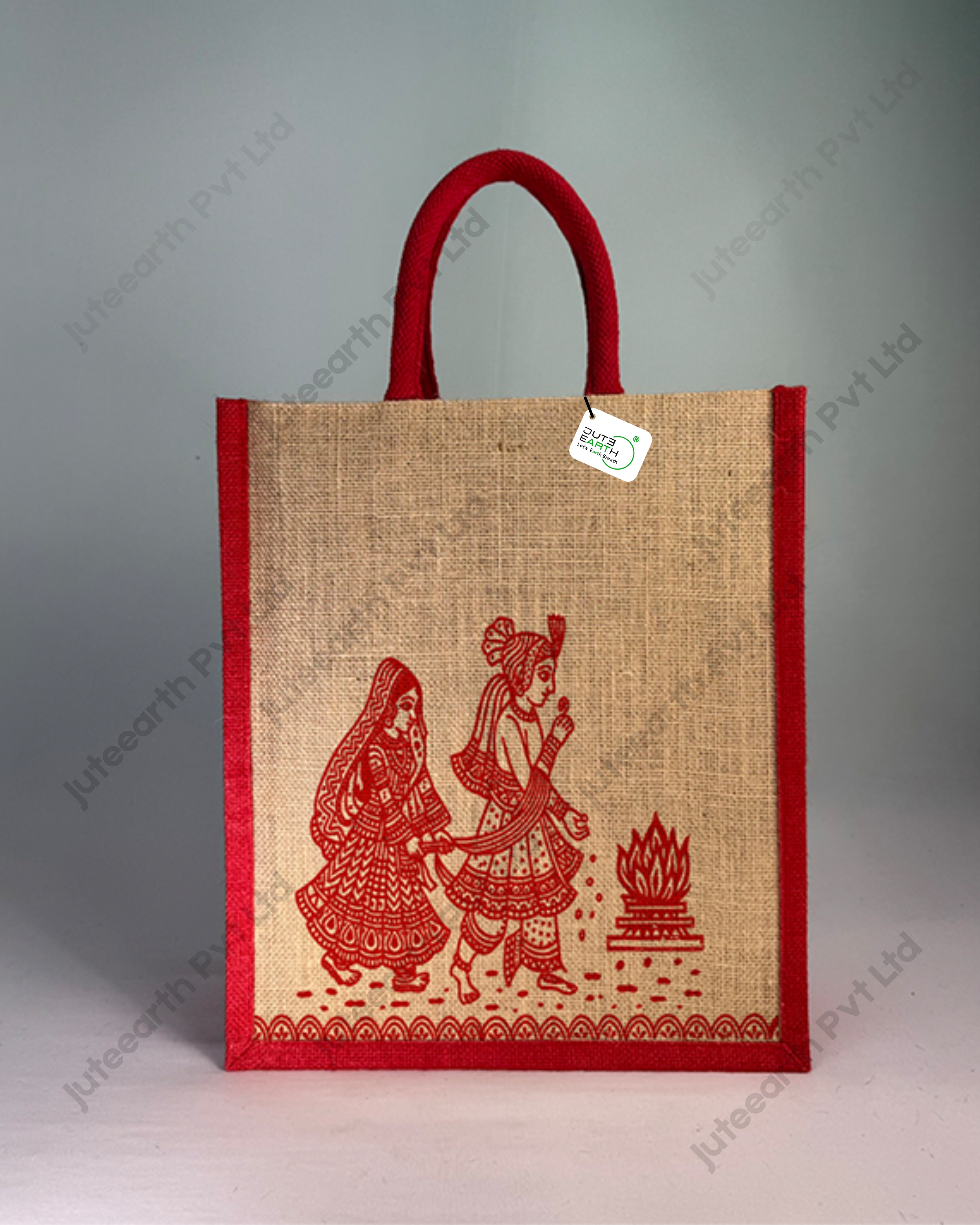Kalamkari Art Marriage Ceremony Natural Custom Printed Jute Bag for Return Gift with Red print