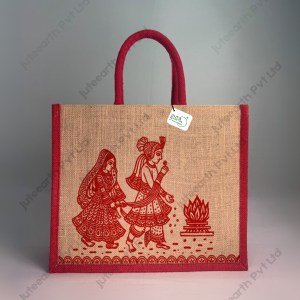 Natural Jute Bag for Marriage Return Gift in Kalamkari Theme - with Color Options-Landsape Bag