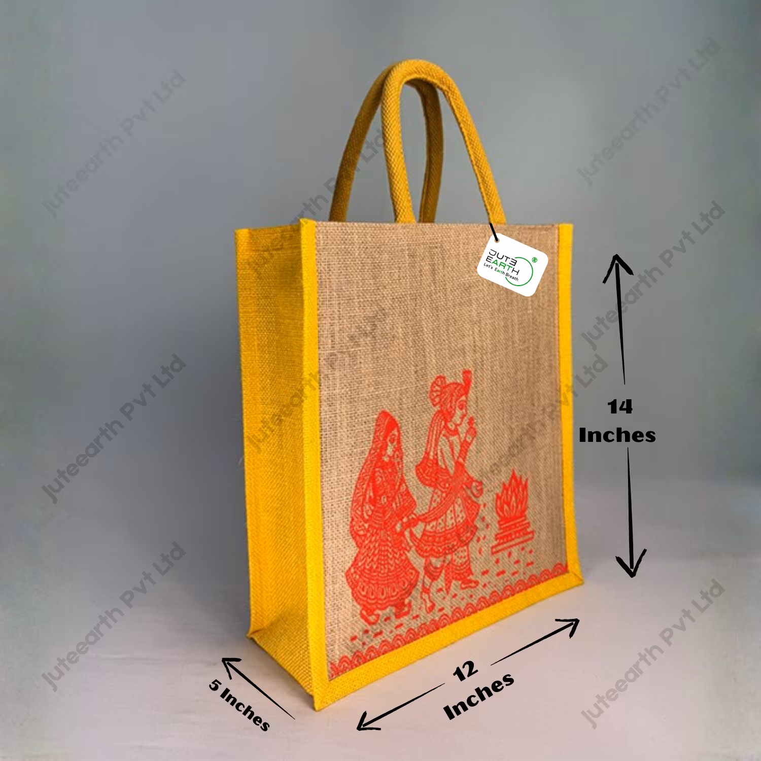 Kalamkari Art Marriage Ceremony Natural Custom Printed Jute Bag for Return Gift with Yellow Cotton Rope Niwar Handles and Gusset (3)