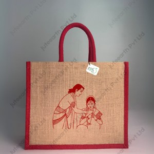 Natural Jute Bag for Marriage Return Gift in Mangal Suthra Tai Theme  - with Color Options-Landsape Bag
