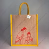 Mangal Suthra Tai Art Marriage Ceremony Natural Custom Printed Jute Bag for Return Gift with Yellow Cotton Rope Niwar Handles and Gusset