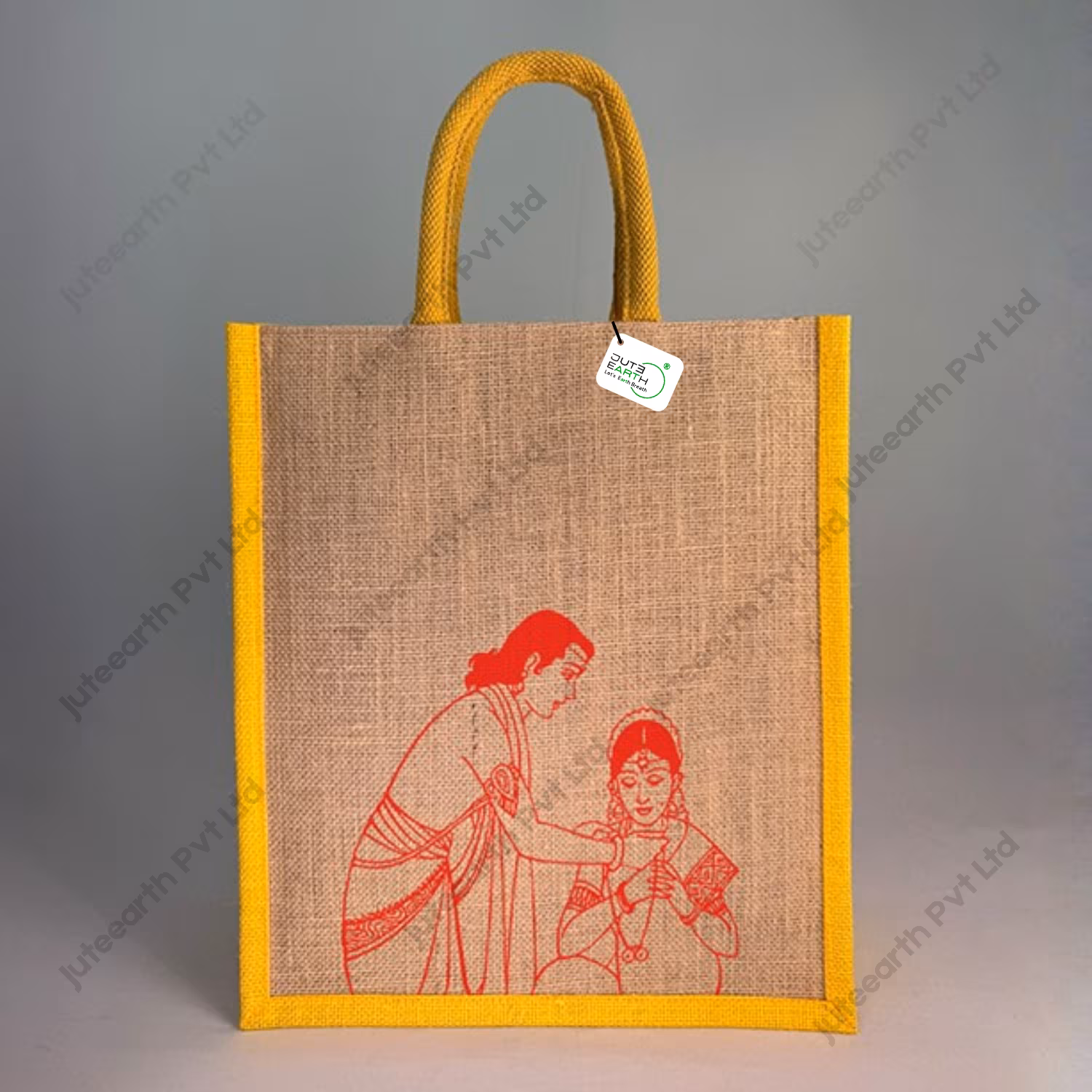 Mangal Suthra Tai Art Marriage Ceremony Natural Custom Printed Jute Bag for Return Gift with Yellow Cotton Rope Niwar Handles and Gusset