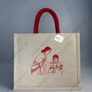 Mangal Suthra Tai Art Marriage Ceremony jute cotton Heavy weave Custom Printed Juco Bag for Return Gift with Red Print