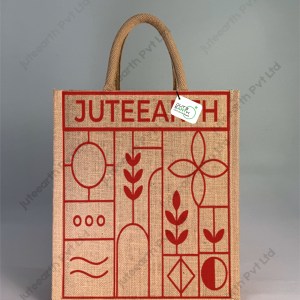 Narrow Natural Jute Bag – Geometric Botanical Pattern  Printed with Cotton Rope Niwar Handle