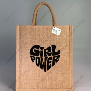 Narrow Natural Jute Bag – Heart of Power Pattern Printed with Cotton Rope Niwar Handle