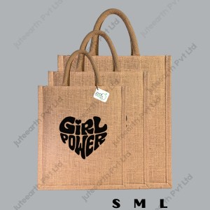 Narrow Natural Jute Bag – “Heart of Power Pattern Printed with Cotton Rope Niwar Handle (2)