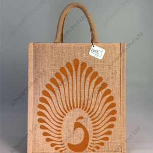 Narrow Natural Jute Bag – Peacock Mandala Pattern  Printed with Cotton Rope Niwar Handle