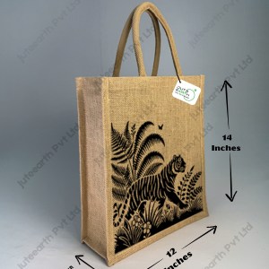 Narrow Natural Jute Bag – Tiger in Green Nature Pattern Printed with Cotton Rope Niwar Handle (3)