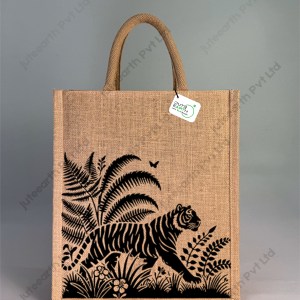 Narrow Natural Jute Bag – Tiger in Green Nature Pattern Printed with Cotton Rope Niwar Handle