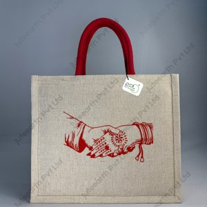 Jute Cotton (JuCo) Bag for Return Gift in Panigrahana Theme - with Handle Color Options-Landscape Bag
