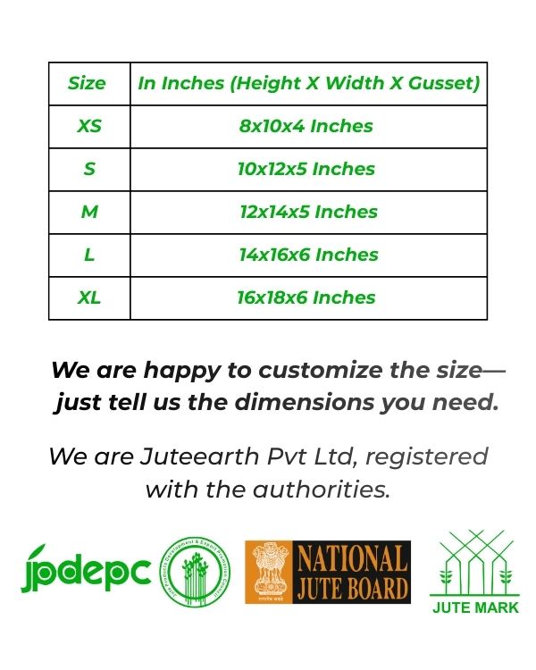 Juteearth size chart for landscape jute and JuCo bags: XS 8x10x4 to XL 16x18x6 inches, height x width x gusset