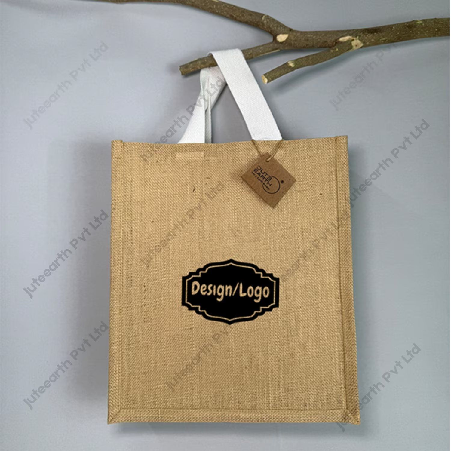 Custom printed natural jute bag with starch finish and white cotton handles, narrow shape, front view with sample logo