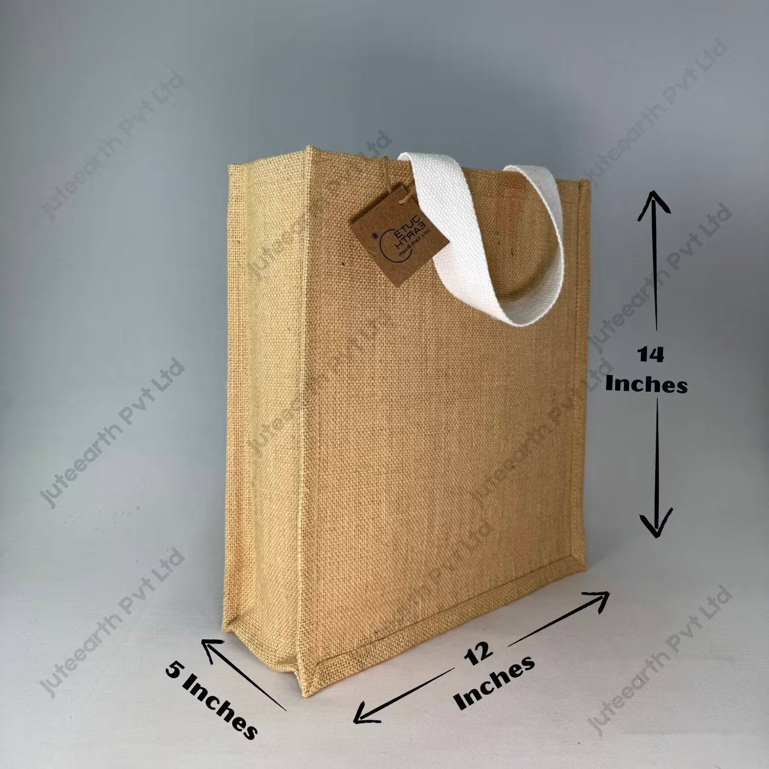 Custom printed natural jute bag with starch finish and white cotton handles, narrow shape, angled view with dimensions 14 x 12 x 5 inches
