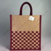 Narrow Natural Jute Bag – “Checkboard Weave Pattern Printed with Cotton Rope Niwar Maroon Handle