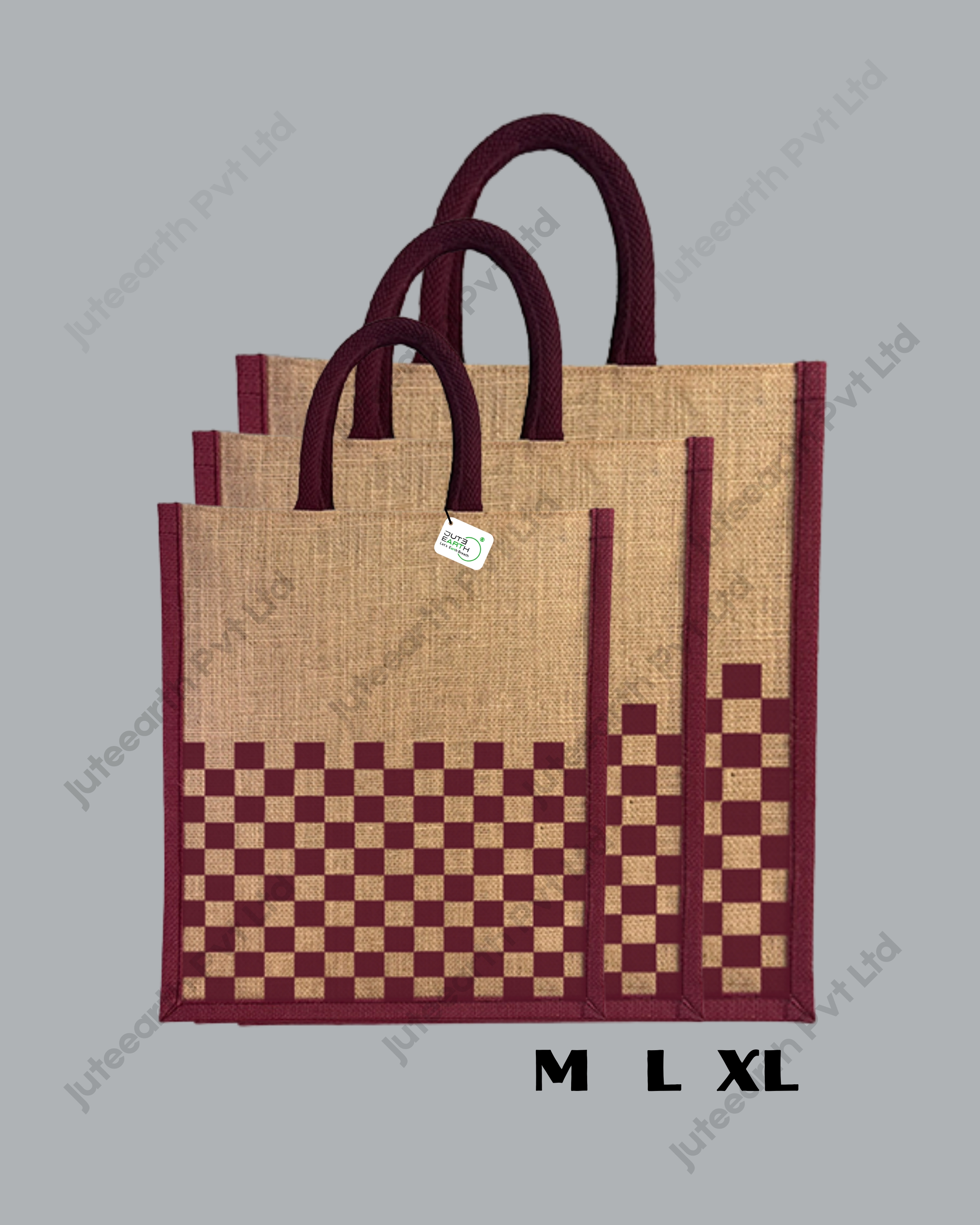 Narrow Natural Jute Bag – “Checkboard Weave Pattern Printed with Cotton Rope Niwar Maroon Handle (2)