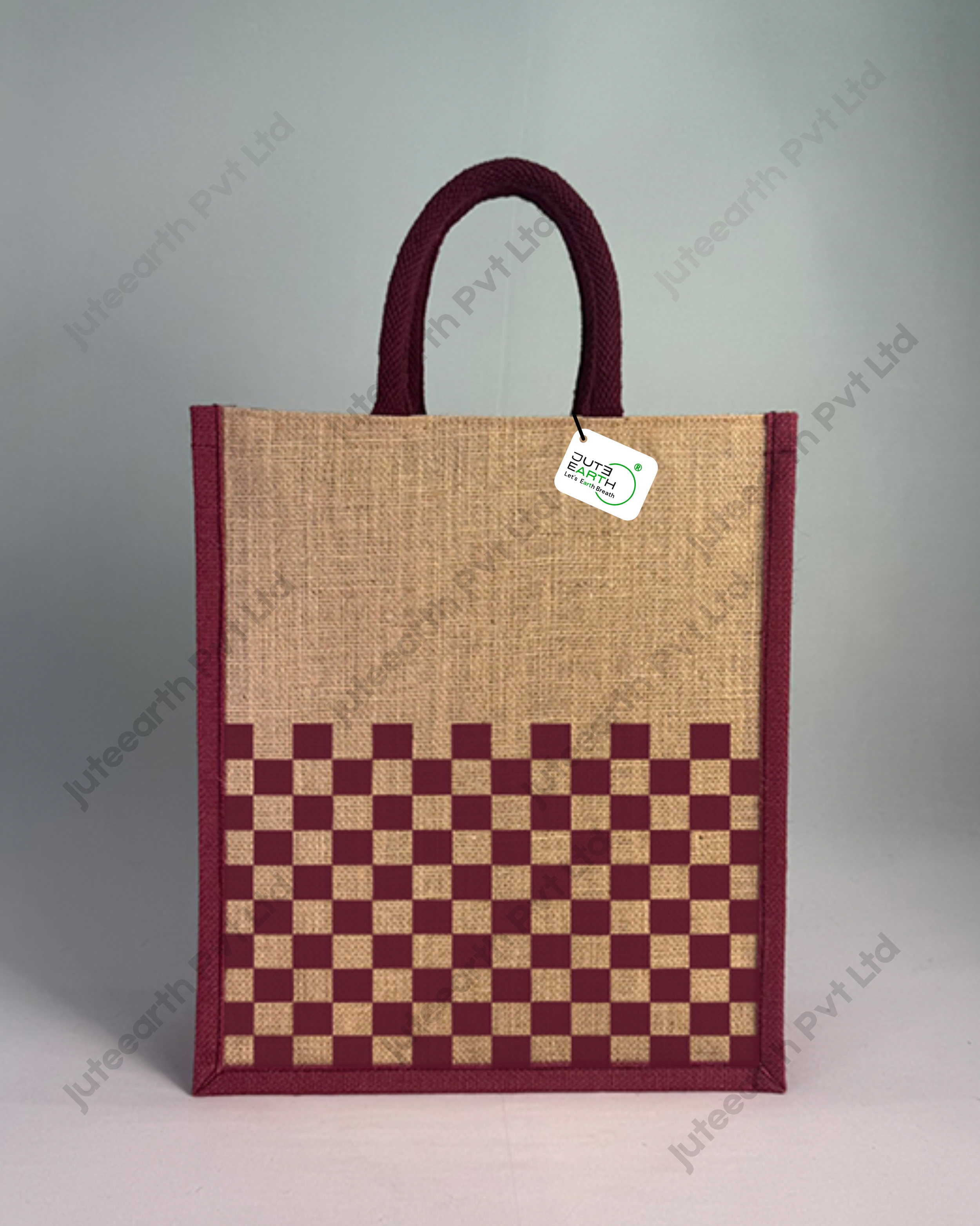 Narrow Natural Jute Bag – “Checkboard Weave Pattern Printed with Cotton Rope Niwar Maroon Handle