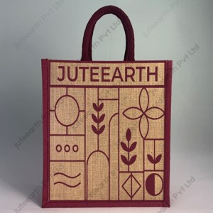 Natural Jute Bag with Geometric Botanical Printed Designs, Handle And Gusset Color Options-Narrow Bag