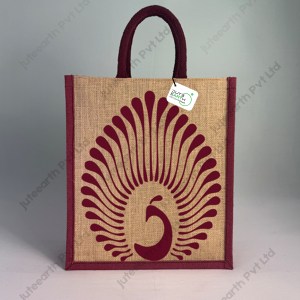 Natural Jute Bag with Peacock Mandala Printed Designs, Handle And Gusset Color Options-Narrow Bag