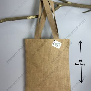 Plain natural jute tote bag with natural cotton webbing handles, front view with dimensions 16 x 14 inches